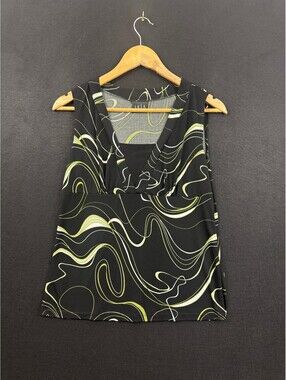 JKLA Black Sleeveless Top with Abstract Green and White Swirl Pattern - Medium